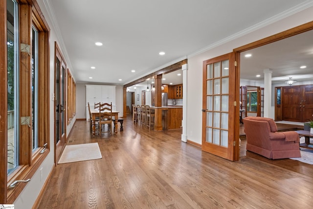 100 Sunrise Valley Rd, Greenville, SC 29617 - dining space with french doors, ornate columns, ornamental molding, baseboards, and wood finished floors