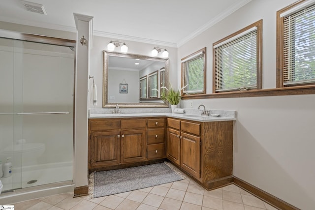 100 Sunrise Valley Rd, Greenville, SC 29617 - full bathroom with crown molding, double vanity, tile patterned floors, and a stall shower