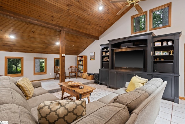 100 Sunrise Valley Rd, Greenville, SC 29617 - living room with light tile patterned floors, wood ceiling, a ceiling fan, recessed lighting, and baseboards