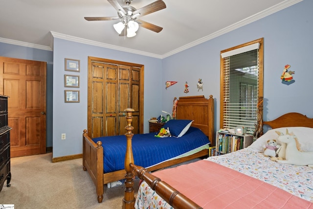 100 Sunrise Valley Rd, Greenville, SC 29617 - bedroom featuring light colored carpet, crown molding, baseboards, ceiling fan, and a closet