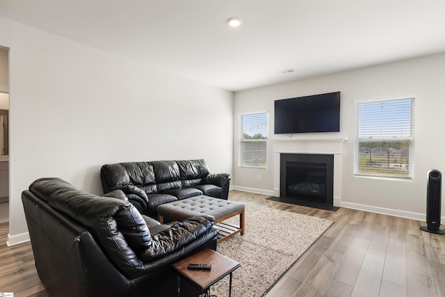 925 Appalachian Dr, Moore, SC 29369 - living area with baseboards, wood finished floors, a fireplace with flush hearth, and recessed lighting