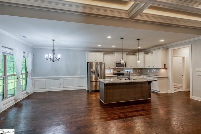 716 Adaline Pl, Inman, SC 29349 - kitchen featuring stainless steel appliances, light stone counters, a chandelier, dark wood-style flooring, and white cabinets