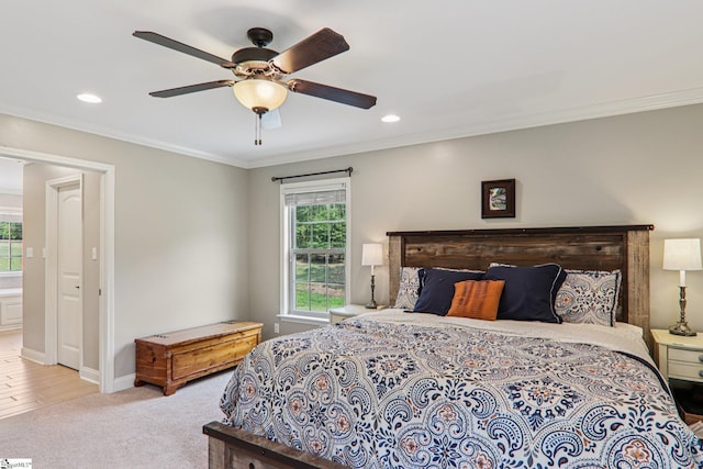 310 Wofford Rd, Pauline, SC 29374 - bedroom featuring crown molding, baseboards, carpet flooring, recessed lighting, and a ceiling fan
