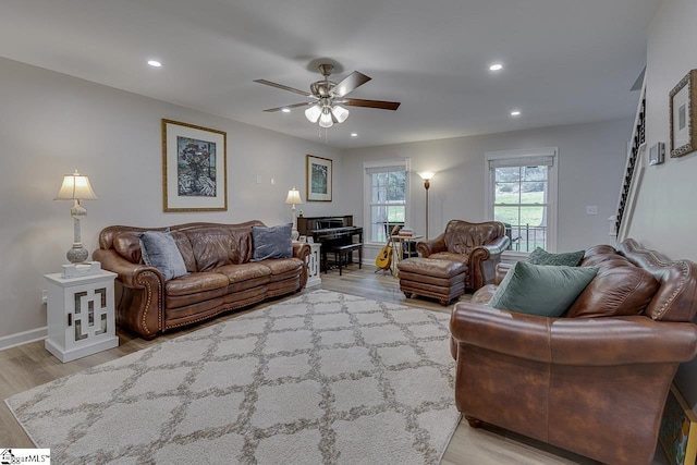 9 Mountain Brook Trl, Greenville, SC 29609 - living area featuring a ceiling fan, light wood-type flooring, recessed lighting, and baseboards