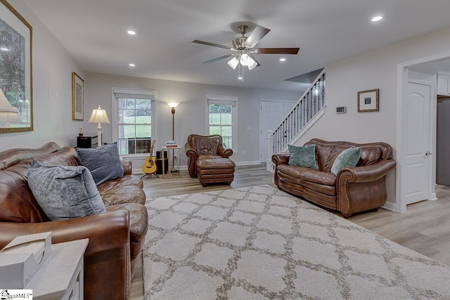 9 Mountain Brook Trl, Greenville, SC 29609 - living room with stairway, light wood finished floors, ceiling fan, recessed lighting, and baseboards