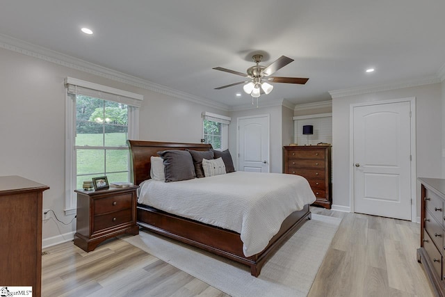 9 Mountain Brook Trl, Greenville, SC 29609 - bedroom featuring light wood-style floors, baseboards, recessed lighting, ornamental molding, and a ceiling fan