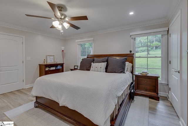 9 Mountain Brook Trl, Greenville, SC 29609 - bedroom with light wood finished floors, ornamental molding, ceiling fan, recessed lighting, and baseboards
