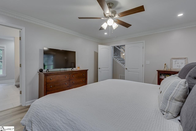 9 Mountain Brook Trl, Greenville, SC 29609 - bedroom with light wood-style flooring, ornamental molding, a ceiling fan, baseboards, and recessed lighting