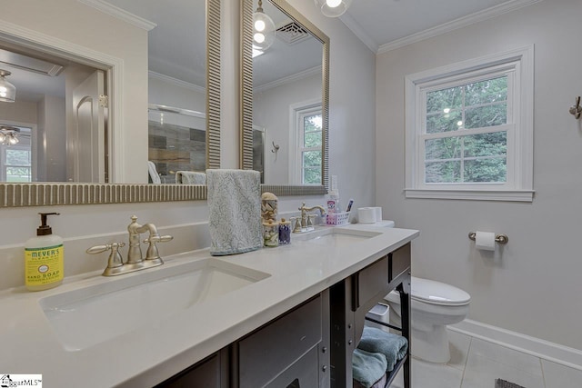 9 Mountain Brook Trl, Greenville, SC 29609 - full bath with toilet, ornamental molding, a stall shower, tile patterned floors, and double vanity
