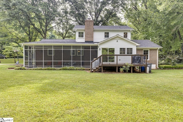 9 Mountain Brook Trl, Greenville, SC 29609 - back of property with a sunroom, a chimney, a wooden deck, a lawn, and a shingled roof