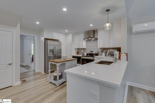 9 Mountain Brook Trl, Greenville, SC 29609 - kitchen featuring appliances with stainless steel finishes, wall chimney exhaust hood, butcher block countertops, a sink, and backsplash
