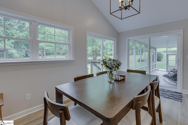 9 Mountain Brook Trl, Greenville, SC 29609 - dining room featuring a chandelier, light wood-type flooring, baseboards, and high vaulted ceiling