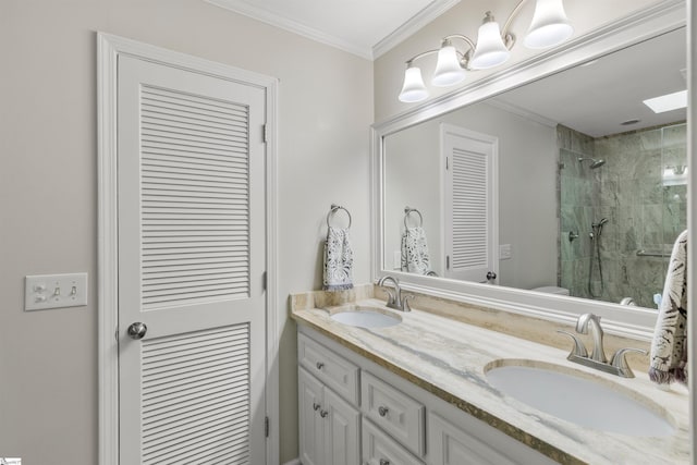 109 Appomattox Dr, Simpsonville, SC 29681 - bathroom with a stall shower, double vanity, and ornamental molding