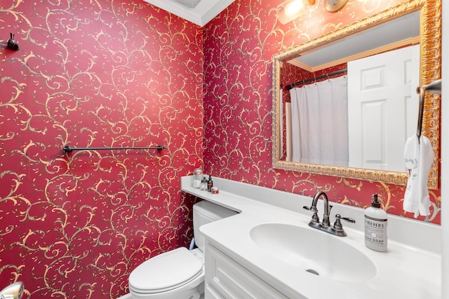 109 Appomattox Dr, Simpsonville, SC 29681 - bathroom featuring crown molding, vanity, and wallpapered walls