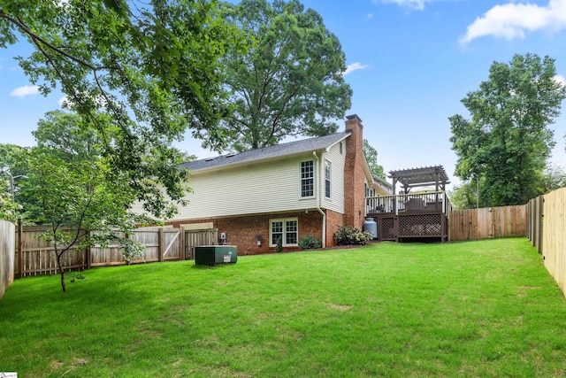 109 Appomattox Dr, Simpsonville, SC 29681 - back of property featuring a chimney, a pergola, a fenced backyard, and brick siding