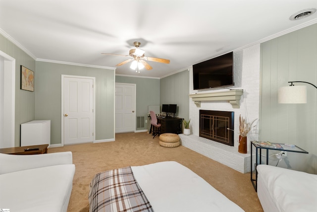 109 Appomattox Dr, Simpsonville, SC 29681 - carpeted living area featuring ceiling fan, a fireplace, and crown molding