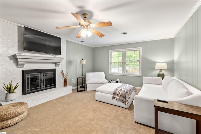 109 Appomattox Dr, Simpsonville, SC 29681 - carpeted living area featuring ceiling fan, ornamental molding, and a fireplace