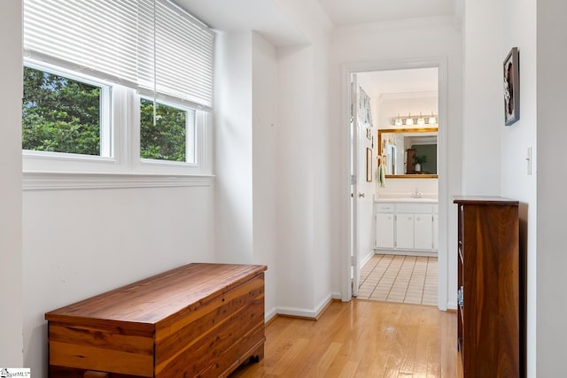 101 Long View Ln, Pickens, SC 29671 - hall featuring light wood-style flooring, baseboards, a sink, and crown molding