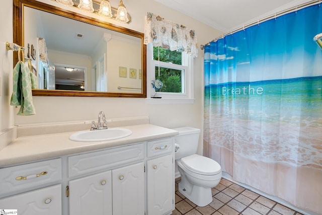 101 Long View Ln, Pickens, SC 29671 - bathroom with vanity, toilet, ornamental molding, tile patterned flooring, and curtained shower