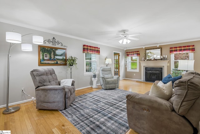 101 Long View Ln, Pickens, SC 29671 - living room with a ceiling fan, a fireplace, baseboards, ornamental molding, and wood finished floors
