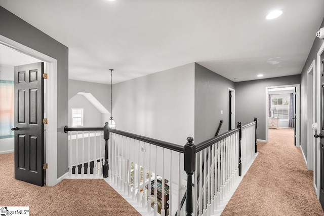 9 Peninsula Ct, Simpsonville, SC 29681 - corridor with an upstairs landing, carpet, baseboards, and recessed lighting