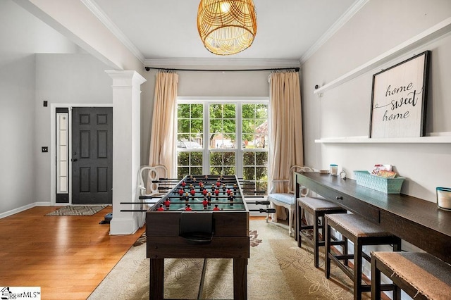 9 Peninsula Ct, Simpsonville, SC 29681 - recreation room featuring ornamental molding, wood finished floors, and decorative columns