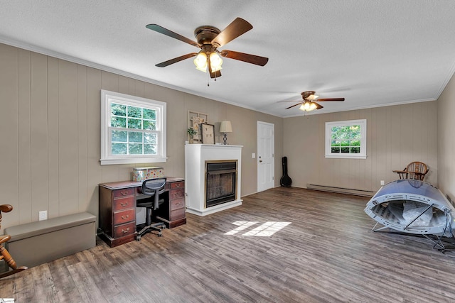 12 Ridgeline Dr, Liberty, SC 29657 - office featuring a baseboard heating unit, crown molding, a ceiling fan, wood finished floors, and a fireplace