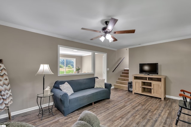 12 Ridgeline Dr, Liberty, SC 29657 - living area featuring crown molding, stairs, baseboards, ceiling fan, and wood finished floors