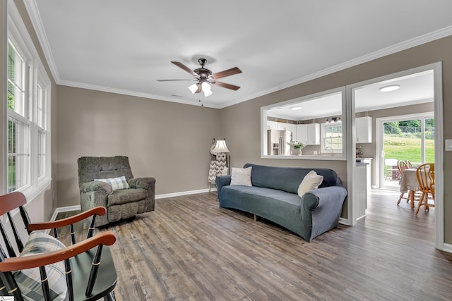12 Ridgeline Dr, Liberty, SC 29657 - living room featuring wood finished floors, ceiling fan, baseboards, and ornamental molding