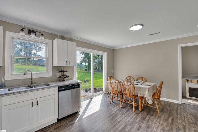 12 Ridgeline Dr, Liberty, SC 29657 - kitchen with dishwasher, a sink, ornamental molding, dark wood-style floors, and white cabinetry