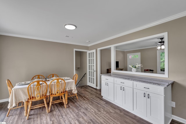 12 Ridgeline Dr, Liberty, SC 29657 - dining room with dark wood-style floors, ornamental molding, baseboards, and ceiling fan