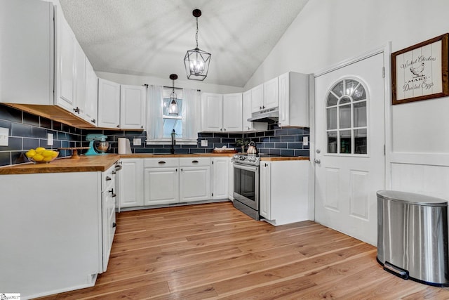 405 Wilson Bridge Rd, Simpsonville, SC 29680 - kitchen with under cabinet range hood, white cabinets, a sink, backsplash, and vaulted ceiling