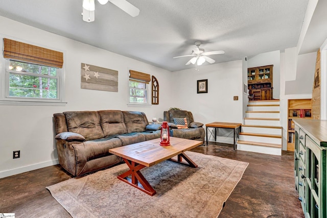 405 Wilson Bridge Rd, Simpsonville, SC 29680 - living area featuring ceiling fan, concrete floors, plenty of natural light, and a textured ceiling