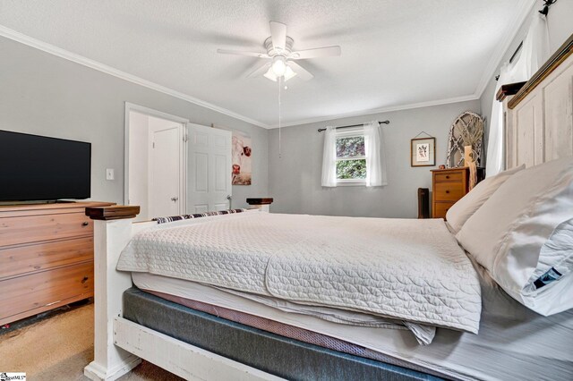 405 Wilson Bridge Rd, Simpsonville, SC 29680 - bedroom with carpet flooring, crown molding, a ceiling fan, and a textured ceiling