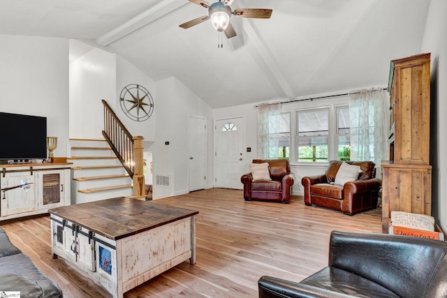 405 Wilson Bridge Rd, Simpsonville, SC 29680 - living room with stairway, a ceiling fan, light wood-style flooring, and baseboards