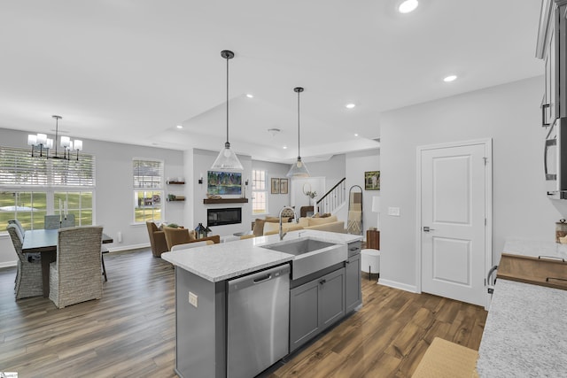 4250 Winding Ridge Ln, Boiling Springs, SC 29316 - kitchen featuring stainless steel appliances, open floor plan, a sink, dark wood-type flooring, and a glass covered fireplace