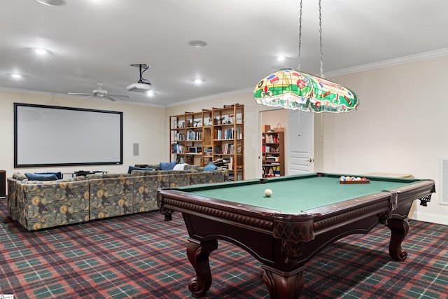 119 Oak Crest Cir, Seneca, SC 29672 - recreation room featuring ornamental molding, carpet floors, a ceiling fan, billiards table, and recessed lighting