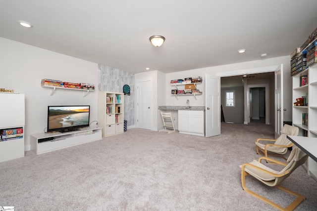 116 Quiet Creek Ct, Simpsonville, SC 29681 - living room featuring bar with sink, light carpet, recessed lighting, and baseboards