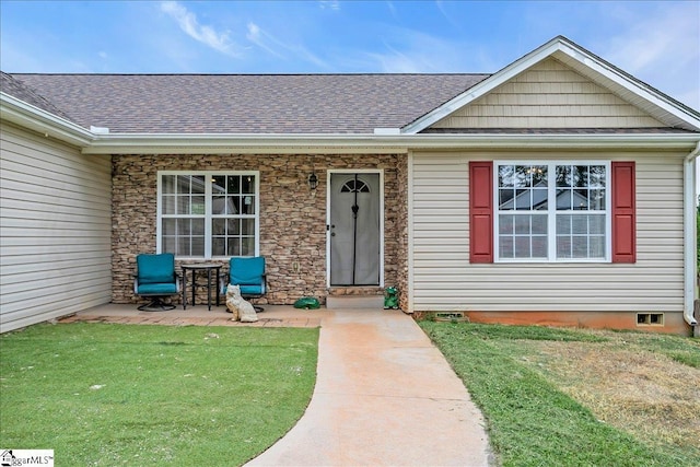 251 Heatherbrook Dr, Lyman, SC 29365 - property entrance with a yard, a shingled roof, and stone siding
