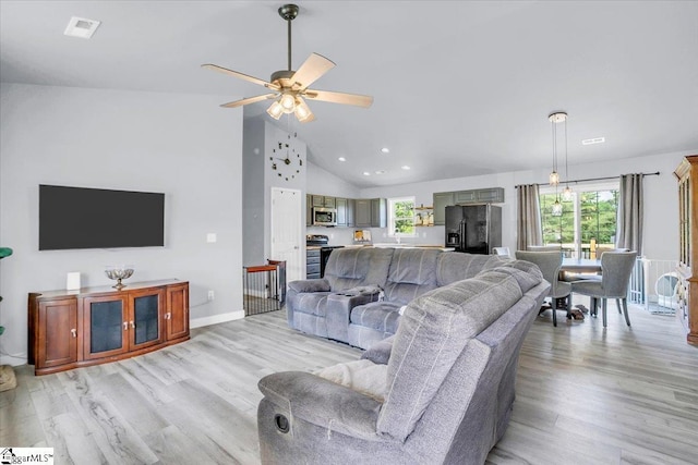 251 Heatherbrook Dr, Lyman, SC 29365 - living room with light wood finished floors, a ceiling fan, recessed lighting, baseboards, and high vaulted ceiling