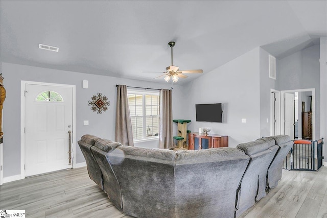 251 Heatherbrook Dr, Lyman, SC 29365 - living room featuring light wood finished floors, vaulted ceiling, ceiling fan, and baseboards