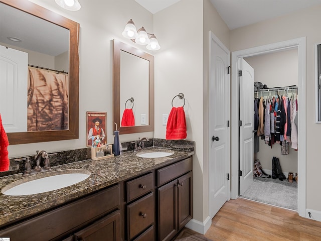 825 Brennan Way, Lyman, SC 29365 - bathroom featuring wood finished floors, double vanity, a spacious closet, and baseboards