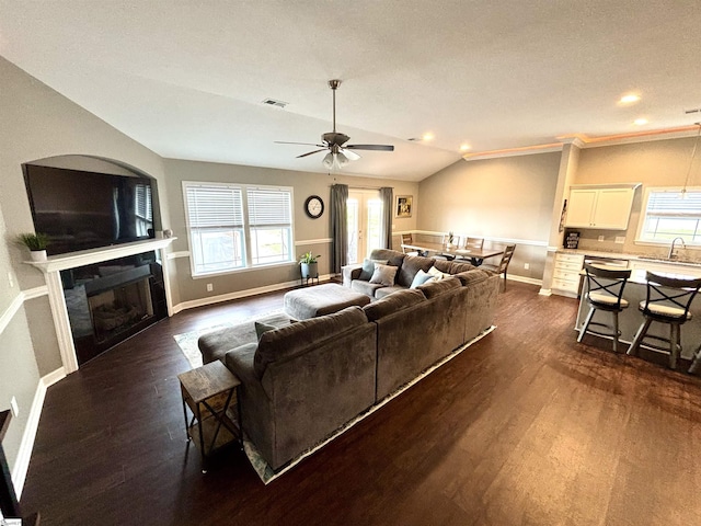 844 Brennan Way, Lyman, SC 29365 - living room with dark wood finished floors, a fireplace, plenty of natural light, a ceiling fan, and lofted ceiling