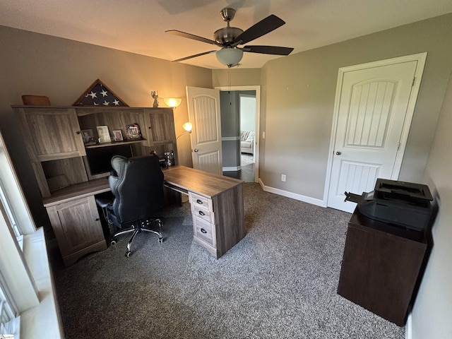844 Brennan Way, Lyman, SC 29365 - home office featuring ceiling fan, dark carpet, and baseboards