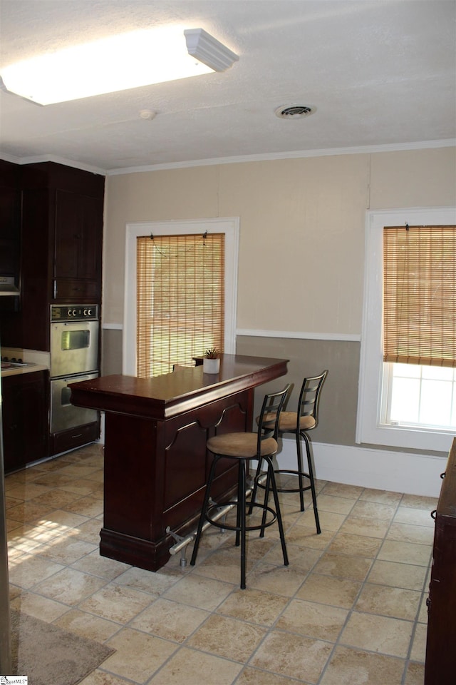295 Dorn St, Westminster, SC 29693 - kitchen with double wall oven, ornamental molding, and dark brown cabinetry