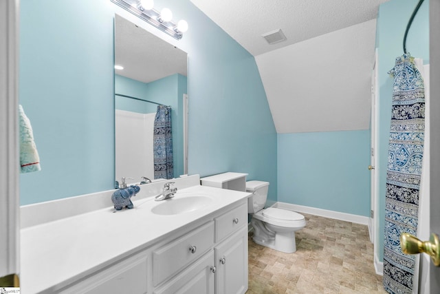 1847 Bertha Knight Rd, Lancaster, SC 29720 - bathroom featuring vanity, toilet, vaulted ceiling, baseboards, and a textured ceiling