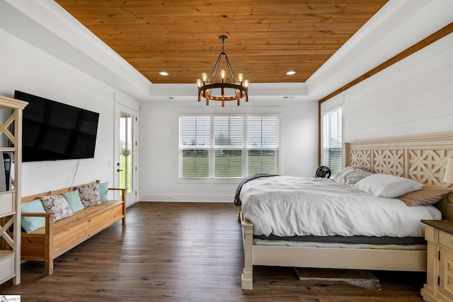 110 Chicken Foot Creek Rd, Woodruff, SC 29388 - bedroom with wooden ceiling, a raised ceiling, a chandelier, dark wood-style flooring, and recessed lighting