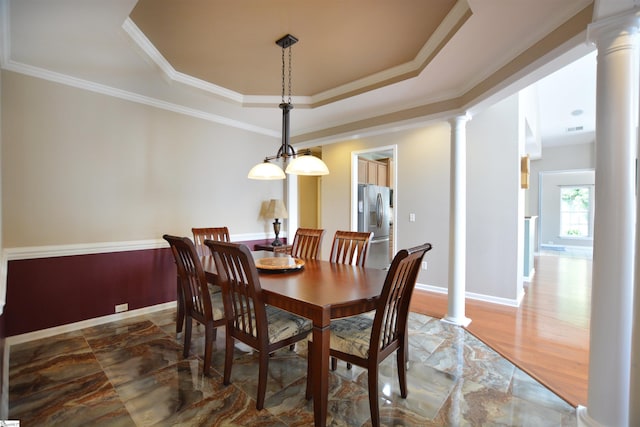 10 Bamburgh Brae Ct, Simpsonville, SC 29681 - dining space with ornate columns, a raised ceiling, baseboards, ornamental molding, and marble tiled floors