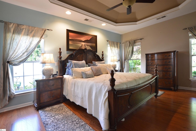 10 Bamburgh Brae Ct, Simpsonville, SC 29681 - bedroom with baseboards, dark wood-style floors, a tray ceiling, a ceiling fan, and recessed lighting
