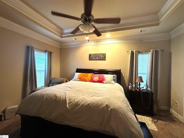 220 Scottish Ave, Simpsonville, SC 29680 - carpeted bedroom with a tray ceiling, crown molding, a ceiling fan, and baseboards